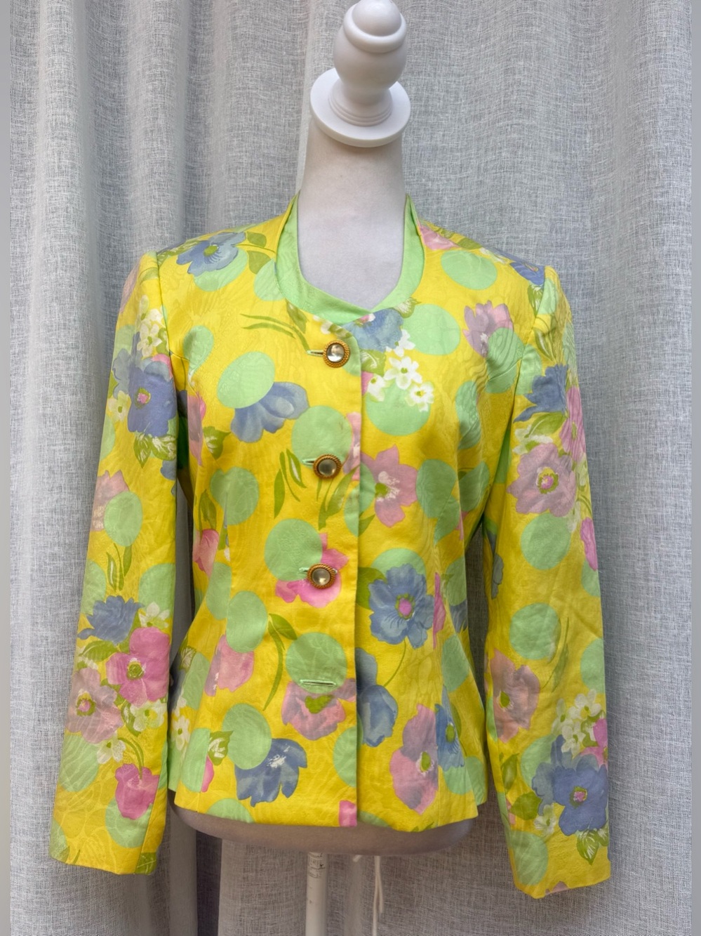 Anne Crimmins for UMI Collections Easter silk floral yellow, green pink blazer